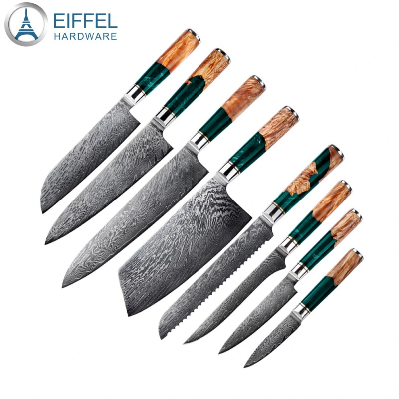 8PCS Vg 10 Japanese Damascus Steel Kitchen Knife Set with Luxury Green Resin Handle Damascus Kitchen Knife Set Damascus Knife Set-EDK08RE0013