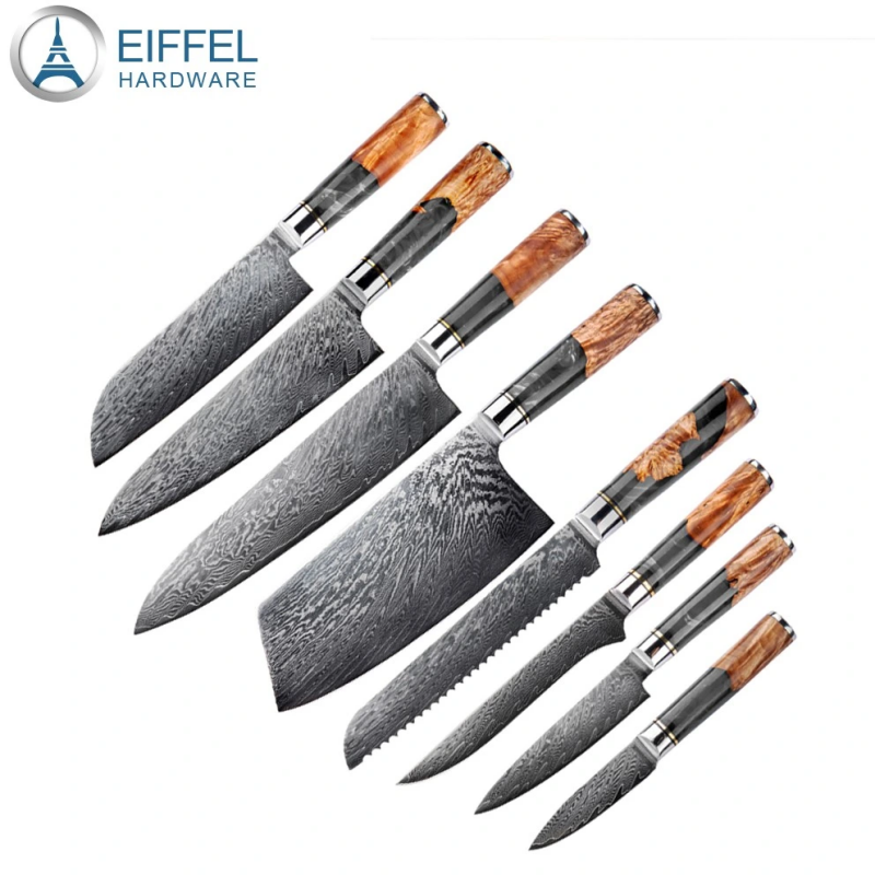OEM 67 Layer Vg10 Damascus Steel Kitchen Knife Set Damascus Knife Set with Wood&Resin Integrated Handle-EDK08RE0013