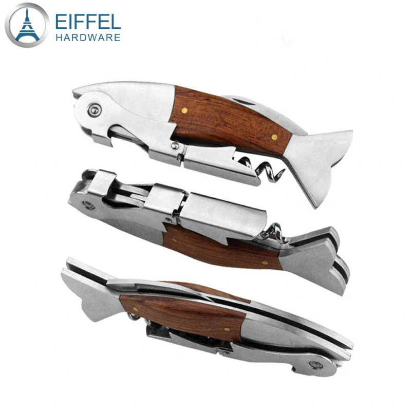 Fish Shaped Wine Opener Wood Handle Professional Metal Openers Multifunction Portable Screw Corkscrew Wine Bottle Opener-EBO03WD0067