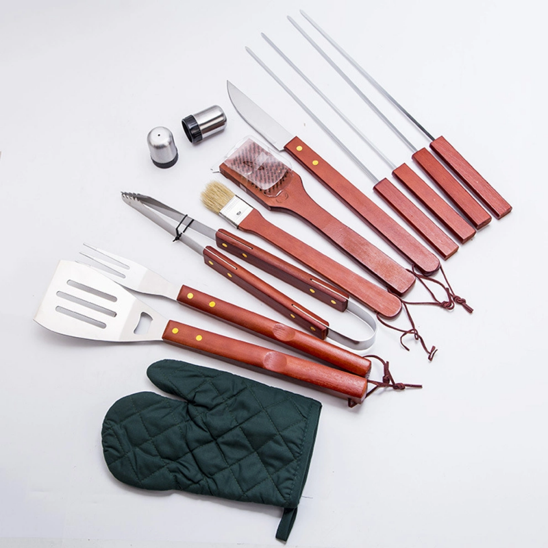 13-Piece BBQ Grilling Tools Utensil Set with Premium Wood Handle and Apron Pouch Packing-EBBQ13WD0043
